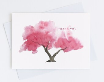 Watercolor Pink Tree Thank You Card, Personalize Greeting Card Set, Pack of 1, 4, 12, 24 cards