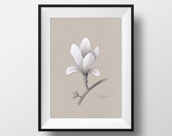 Hand Drawn Magnolia Art Print, Vertical Art Print, Unframed Art Print, 5x7in, 8x10in