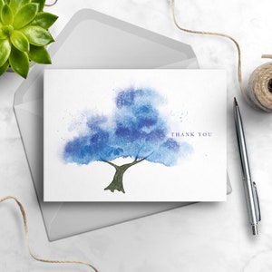 Watercolor Blue Tree Thank You Card, Personalize Greeting Card Set, Pack of 1, 4, 12, 24 cards image 2