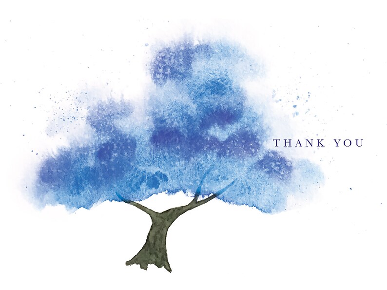 Watercolor Blue Tree Thank You Card, Personalize Greeting Card Set, Pack of 1, 4, 12, 24 cards image 4