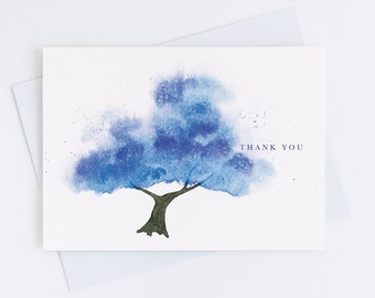 Watercolor Blue Tree Thank You Card, Personalize Greeting Card Set, Pack of 1, 4, 12, 24 cards