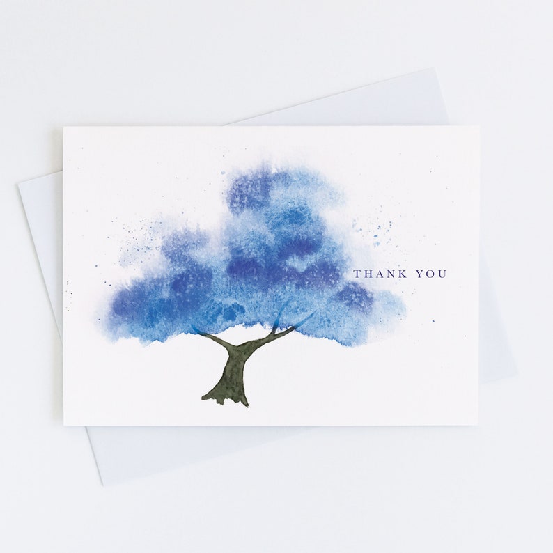 Watercolor Blue Tree Thank You Card, Personalize Greeting Card Set, Pack of 1, 4, 12, 24 cards image 1