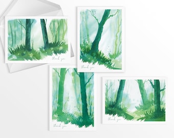 Watercolor Woodland Thank You Card Set, Forest Greeting Card Set, Pack of 4, 12, 24 cards