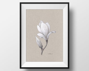 White Magnolia Drawing Art Print, Vertical Art Print, Unframed Art Print, 5x7in, 8x10in