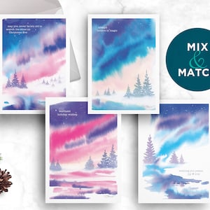 Cartes de voeux festives pour les fêtes, lot de 4, 12, 24 cartes de Noël, paysage aquarelle