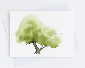 Watercolor Green Tree Thank You Card, Personalize Greeting Card Set, Pack of 1, 4, 12, 24 cards