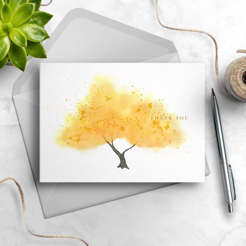 Watercolor Yellow Tree Thank You Card, Personalize Greeting Card Set, Pack of 1, 4, 12, 24 cards image 2