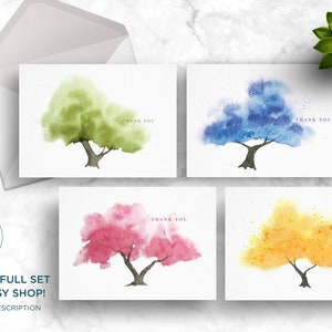 Watercolor Blue Tree Thank You Card, Personalize Greeting Card Set, Pack of 1, 4, 12, 24 cards image 7