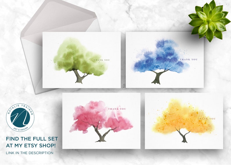Watercolor Blue Tree Thank You Card, Personalize Greeting Card Set, Pack of 1, 4, 12, 24 cards image 7