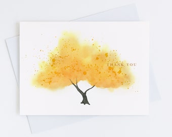 Watercolor Yellow Tree Thank You Card, Personalize Greeting Card Set, Pack of 1, 4, 12, 24 cards