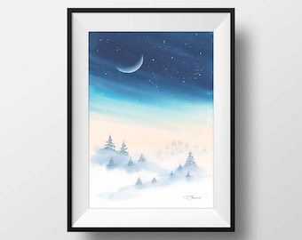 Watercolor Starry Sky Landscape Art Print