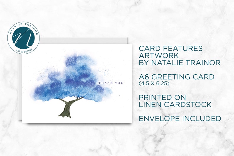 Watercolor Blue Tree Thank You Card, Personalize Greeting Card Set, Pack of 1, 4, 12, 24 cards image 5