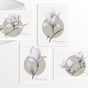 Magnolia Thank You Card Set, Magnolia Greeting Cards, Customizable Cards, Pack of 4, 12, 24 cards image 1