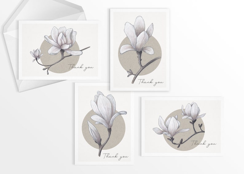 Magnolia Thank You Card Set, Magnolia Greeting Cards, Customizable Cards, Pack of 4, 12, 24 cards image 1