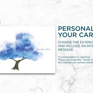 Watercolor Blue Tree Thank You Card, Personalize Greeting Card Set, Pack of 1, 4, 12, 24 cards image 6
