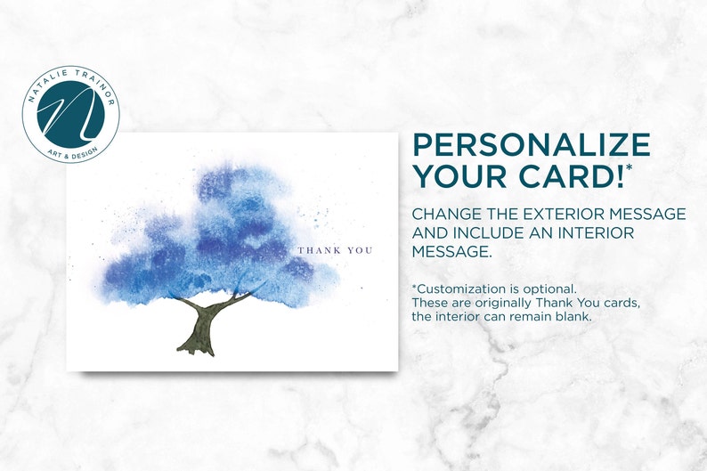 Watercolor Blue Tree Thank You Card, Personalize Greeting Card Set, Pack of 1, 4, 12, 24 cards image 6