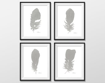 Modern Abstract Watercolor Grey Feather Art Print Set - Set of 4 Wall Decor Prints