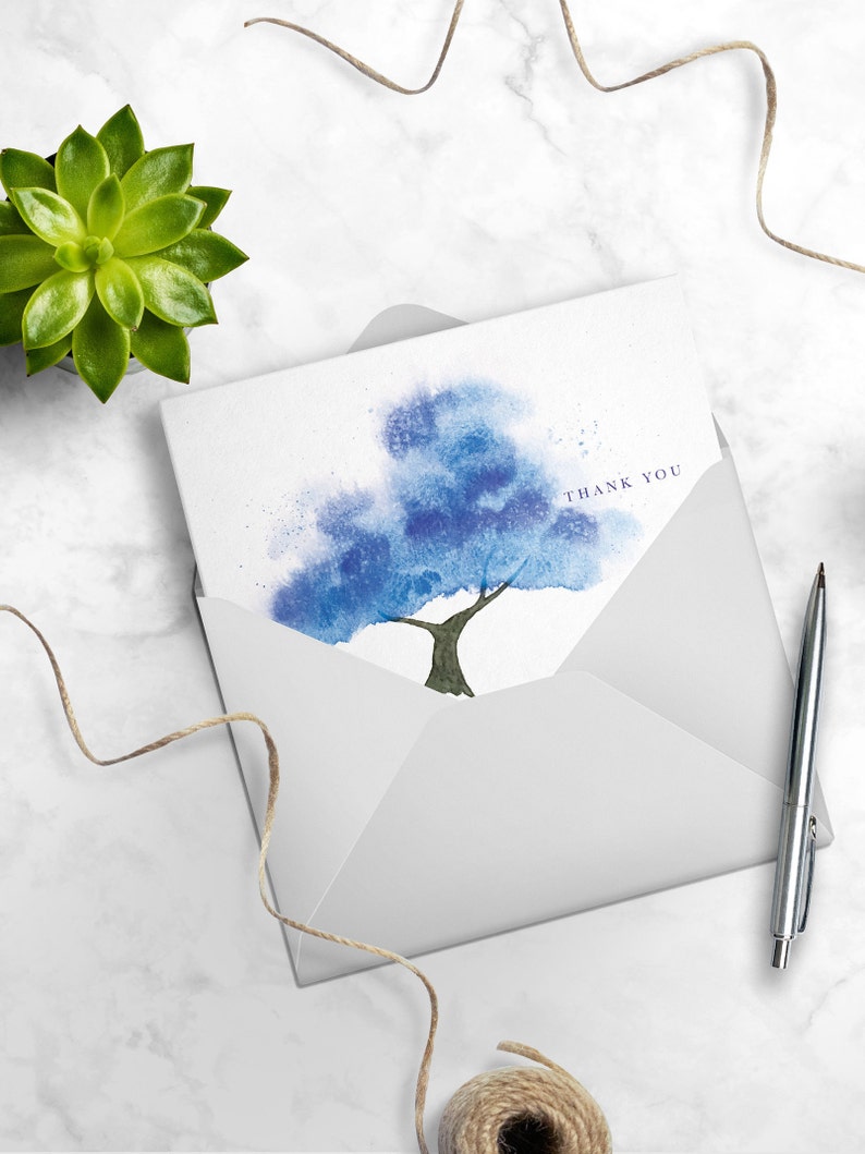 Watercolor Blue Tree Thank You Card, Personalize Greeting Card Set, Pack of 1, 4, 12, 24 cards image 3