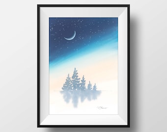 Starry Sky Winter Watercolor Art Print