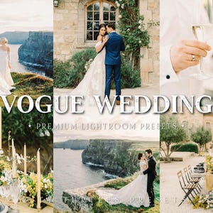 May include: A collage of images showcasing a wedding theme. The images feature a bride and groom, a wedding reception table setting, and a scenic coastal view. The text "Vogue Wedding" is displayed in a vintage font.