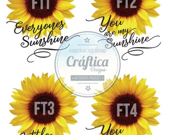 May include: Four sunflower designs with the phrases "Everyones Sunshine", "You are my Sunshine", and "Little Sunshine" in elegant script. Each sunflower has a dark brown center and bright yellow petals. The designs include the "Cràftica Designs" brand logo.