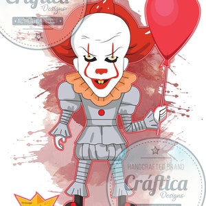 May include: A cartoon illustration of a clown with white face paint, red hair, and a red balloon. The clown is dressed in a grey outfit with a ruffled collar. The image includes the text "Craftica Designs" and "Authentic Product."