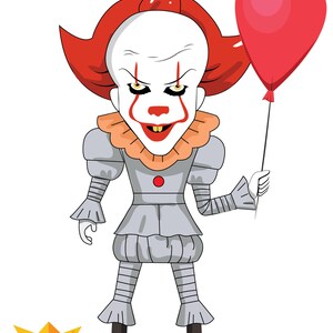 May include: A cartoon illustration of a clown with white face paint, red hair, and a red balloon. The clown is dressed in a grey costume with a ruffled collar and holds a red balloon. A yellow paper boat with the text "SS Georgie" is in the lower left corner.