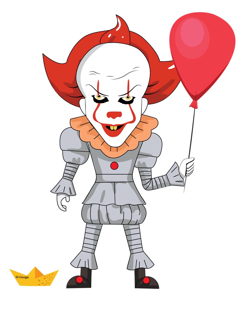 May include: A cartoon illustration of a clown with white face paint, red hair, and a red balloon. The clown is dressed in a grey costume with a ruffled collar and holds a red balloon. A yellow paper boat with the text "SS Georgie" is in the lower left corner.