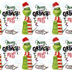 May include: A repeating pattern featuring the Grinch in a Santa hat and a red and white striped scarf. The text "Merry Grinchmas" is displayed in black and red with a string of colourful Christmas lights.