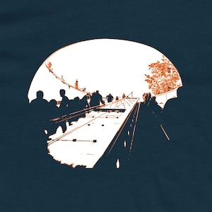 May include: An artistic illustration of people walking on a bridge, framed within a circular shape. The image features a dark teal background with the bridge and figures in silhouette, and a bright white sky. The bridge has orange accents.