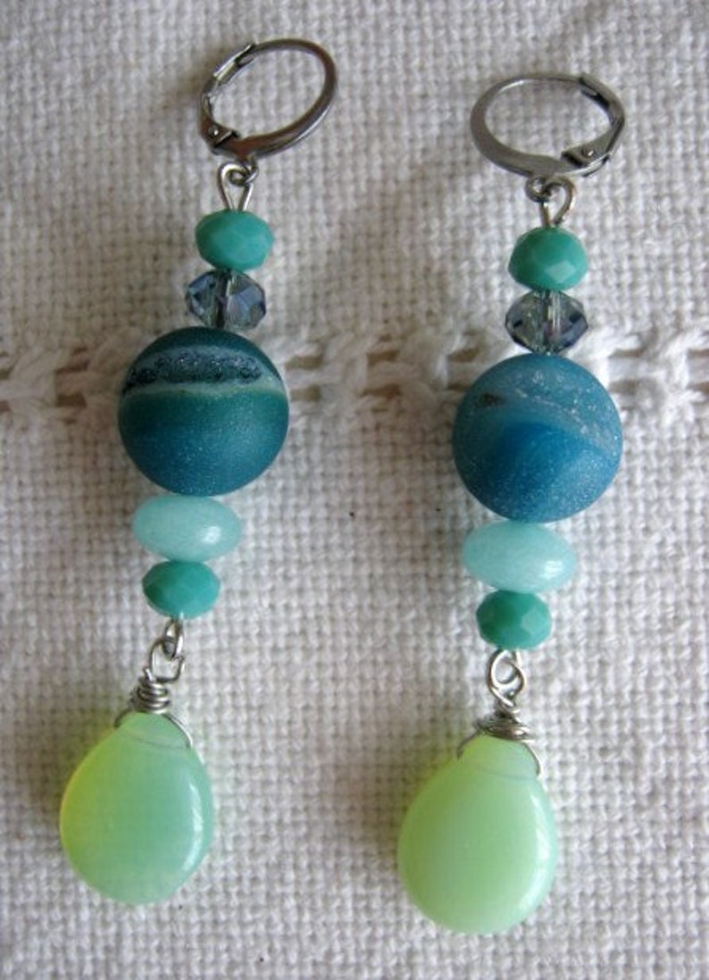 17 Handmade Boho dangle Agate gemstone earrings,hypoallergic earrings,Czech glass bead earrings,luxury woman girl earrings,stainless steel