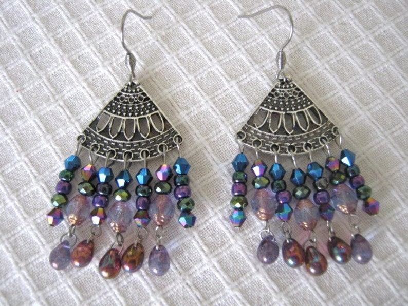 Handmade ethnic boho tringular chandelier earrings,antique silver dangle earrings,Czech glass beads jewelry,Stainless steel earhooks 02