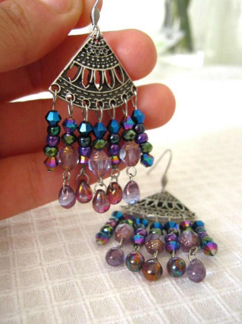 Handmade ethnic boho tringular chandelier earrings,antique silver dangle earrings,Czech glass beads jewelry,Stainless steel earhooks 02