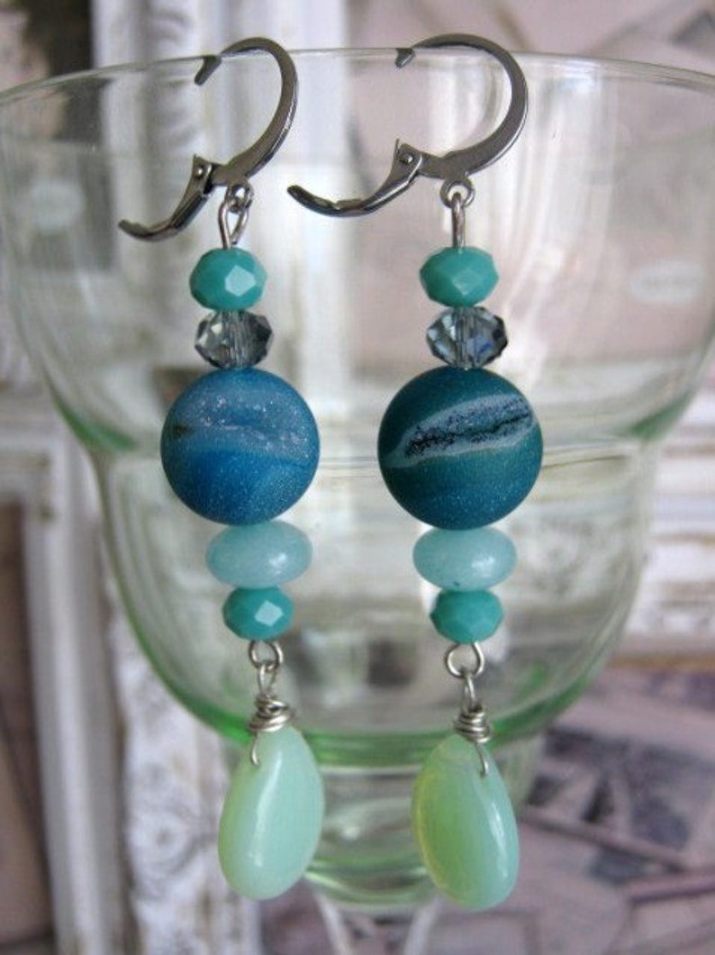 17 Handmade Boho dangle Agate gemstone earrings,hypoallergic earrings,Czech glass bead earrings,luxury woman girl earrings,stainless steel