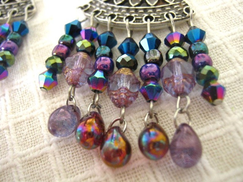 Handmade ethnic boho tringular chandelier earrings,antique silver dangle earrings,Czech glass beads jewelry,Stainless steel earhooks 02