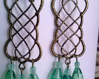 Handmade boho chandelier earrings,ladies net style loop bronze pendant earrings,Czech glass green light blue drop beads,bronze earhooks (15)
