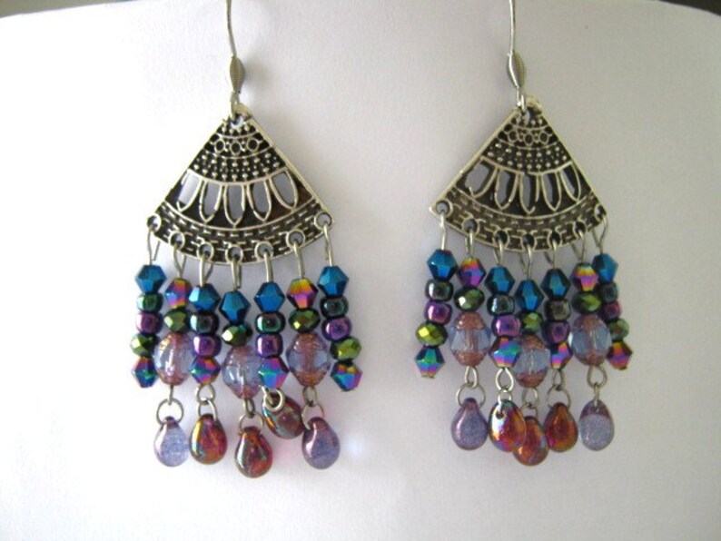Handmade ethnic boho tringular chandelier earrings,antique silver dangle earrings,Czech glass beads jewelry,Stainless steel earhooks 02