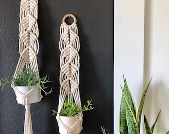 May include: Two macrame plant hangers with wooden rings, each holding a small white pot with a green plant. The hangers are hanging on a black wall.