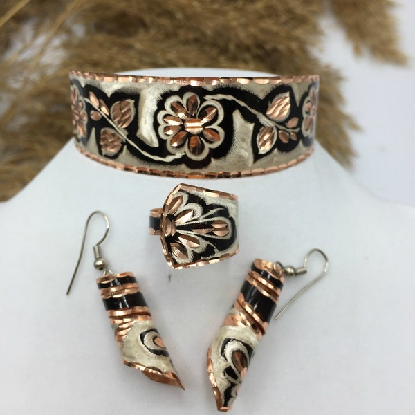 Handmade Copper Jewelry Set, Hand Hammered Copper Bracelet, Copper earrings, Hand crafted copper bracelet, Rustic Copper Ring, Copper Ring