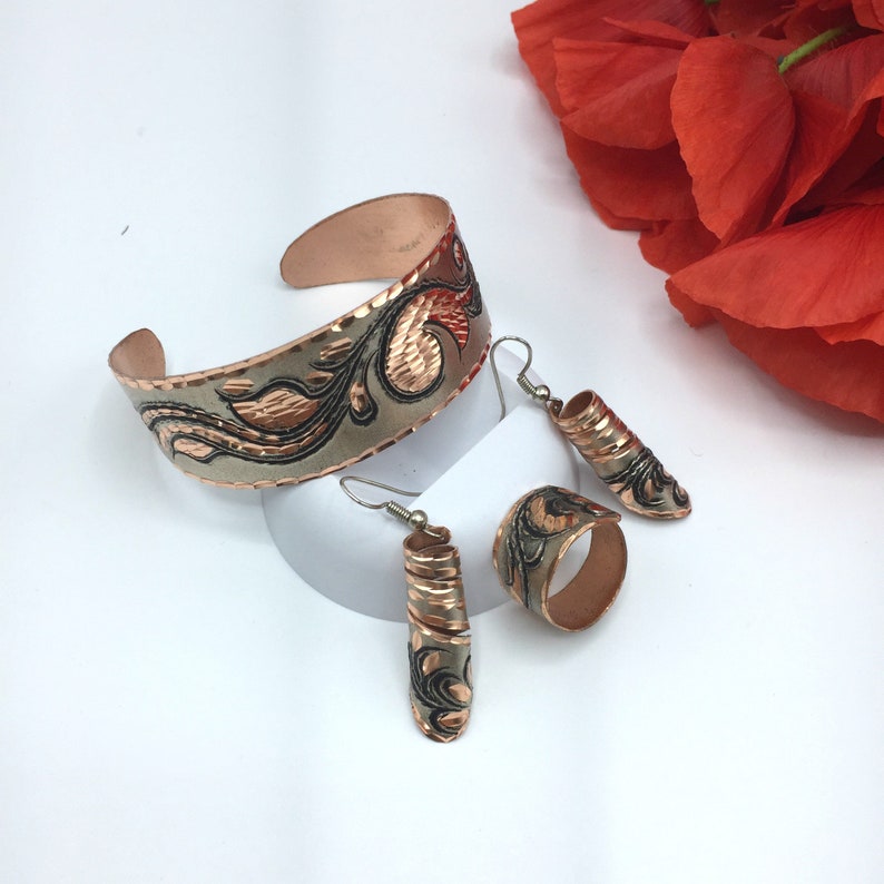 Hammered Copper Earring Bracelet Ring Set Hand Hammered Etsy