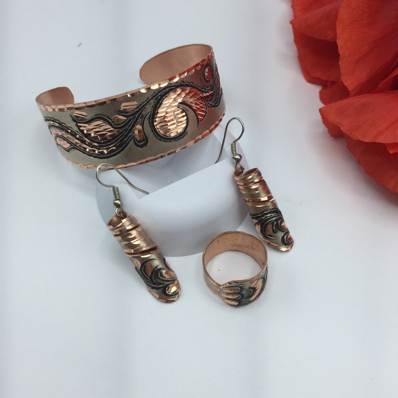 Hammered Copper Earring Bracelet Ring Set Hand Hammered Etsy