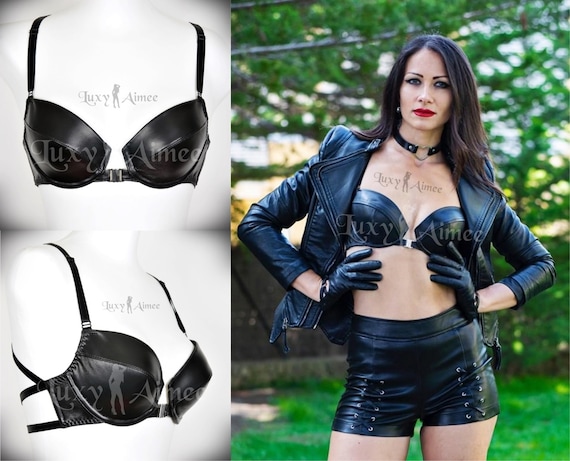 Aimee PLUS Size / Double X Back Front Open Bra / レザー ランジェリー ブラジャー Leather  Lingerie Sexy Bikini Top Fetish Club Wear 