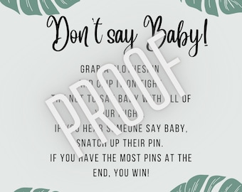 Don't say Baby game monstera template for tropical themed baby shower