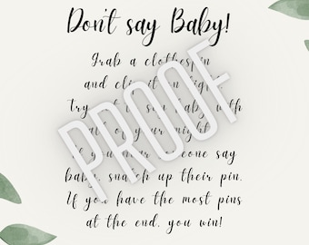 Don't say Baby game template for sage green baby shower