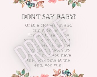 Don't say Baby game template for floral or boho themed baby shower