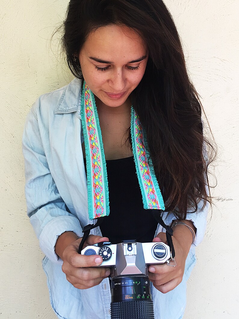 Adjustable CAMERA STRAP Neon Fabric Woven Camera Strap Camera Strap Ethnic dslr camera strap Boho canon camera strap nikon camera strap