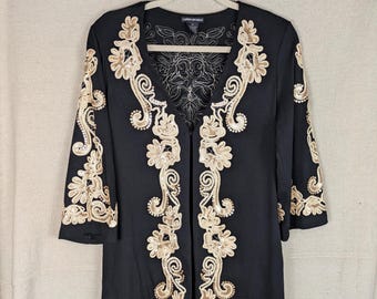 Lauren Michelle Gold Embroidered Black Open Face Cardigan | M