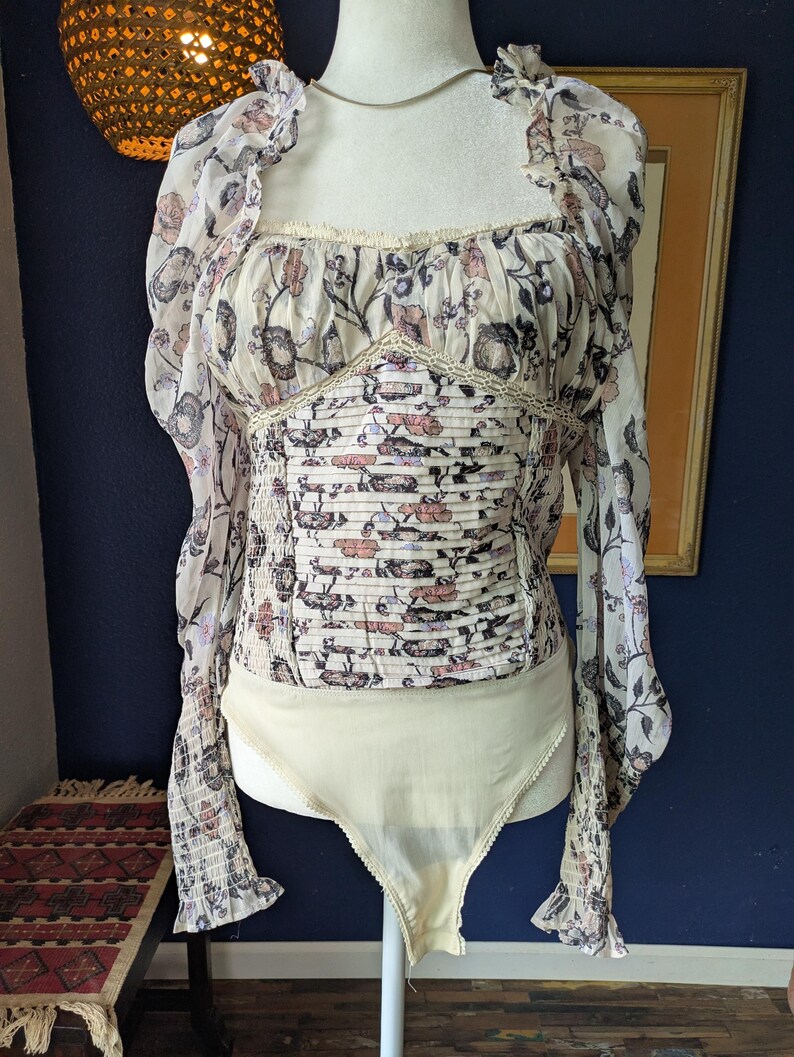 Free People Brunch Date Bodysuit Long Sleeve Floral Ivory | M image 1