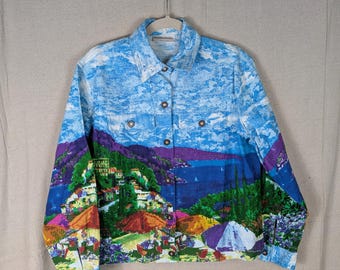 Drapers & Damons Watercolor Ocean Terrace Scene Beaded Jacket | L