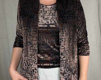 VINTAGE Tanjay Brun Texturerad Sammetsblus i 2 delar och Linne | L